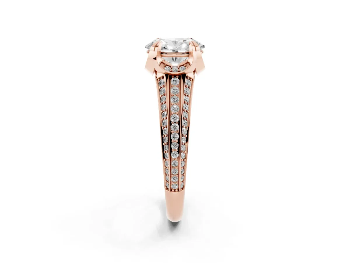 Oval Cut Solitaire Pave Split Shank Ring with Four-Prong Setting Rose gold