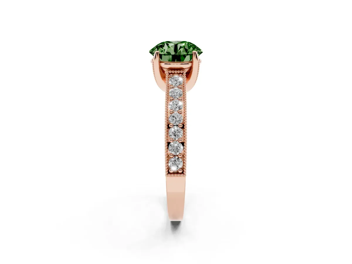 Fancy Green Round Cut Cut Diamond Solitaire Ring with Milgrain Pave Band and Four Prong Setting Rose gold