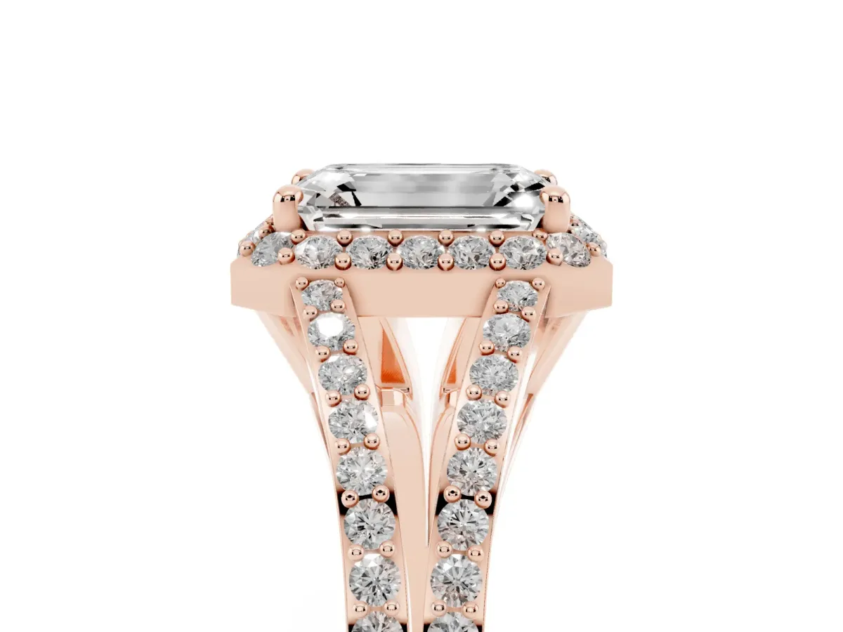 Emerald Cut Halo Split Shank Pave Diamond Ring with Four-Prong Setting Rose gold