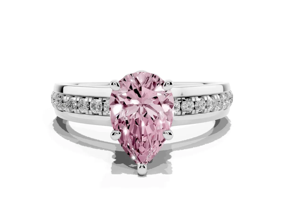 Fancy Pink Pear Cut Solitaire Diamond Ring with Channel Set Band and Six-Prong Setting Silver