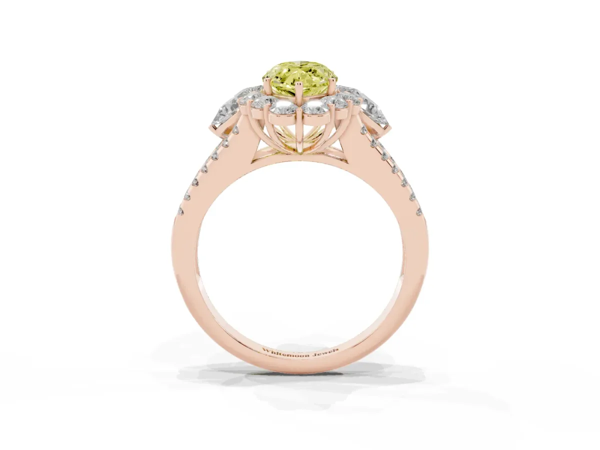 Fancy Yellow Marquise Cut Halo Split Shank Diamond Engagement Ring with Prong Setting Rose gold