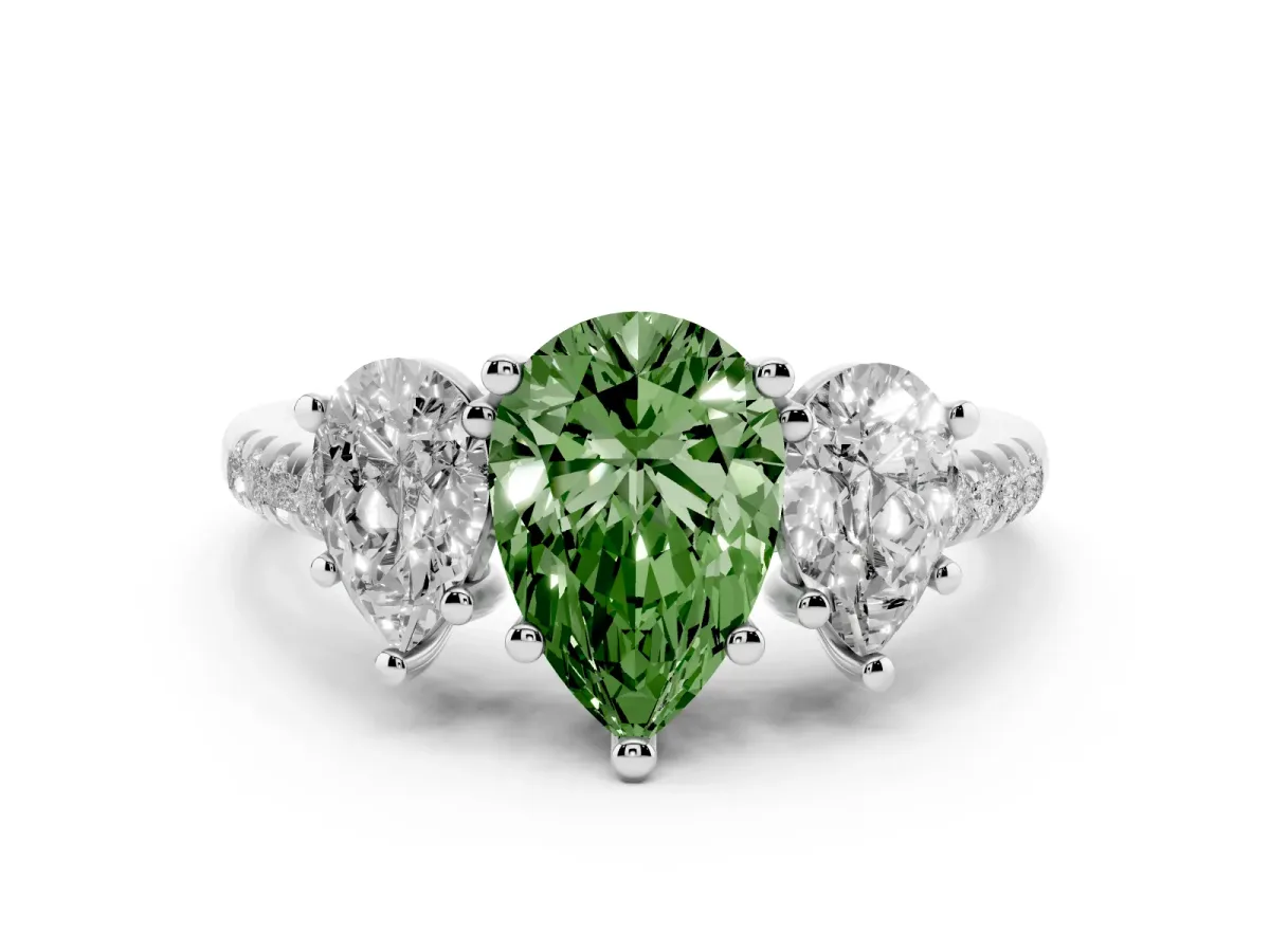 Fancy Green Three-Stone Pear Cut Diamond Ring with Round Pavé Band and Prong Setting Silver