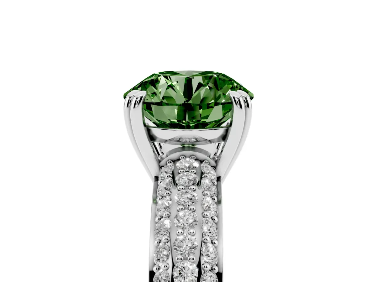 Fancy Green Round Cut Diamond Solitaire Ring with Multi-Row Round Pavé Band and Prong Setting Silver