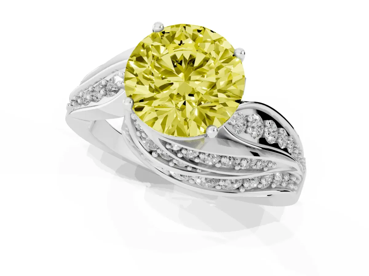Fancy Yellow Round Cut Diamond Solitaire Ring with Prong Setting and Twisted Pavé Band Silver