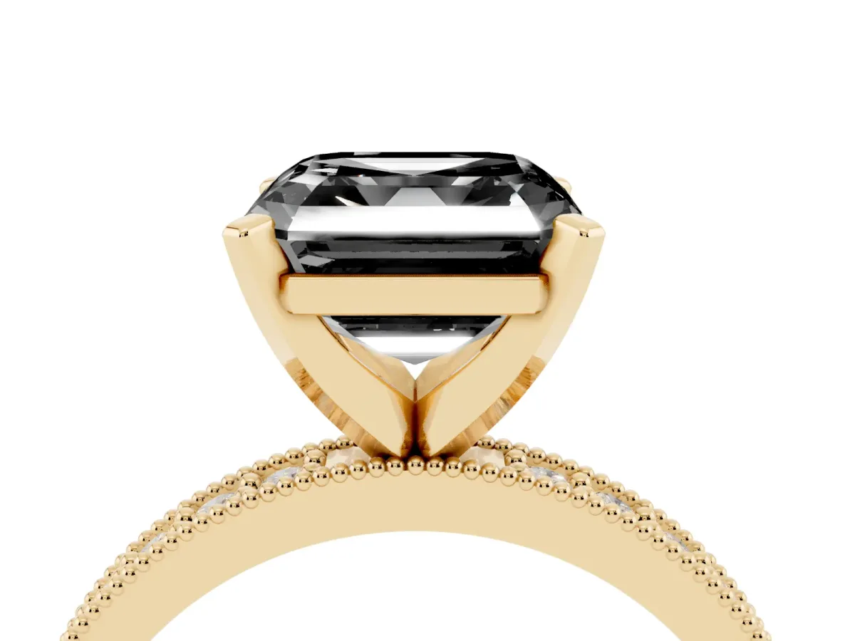 Fancy Black Asscher Cut Diamond Milgrain Pavé Engagement Ring with Four-Prong Setting Yellow gold