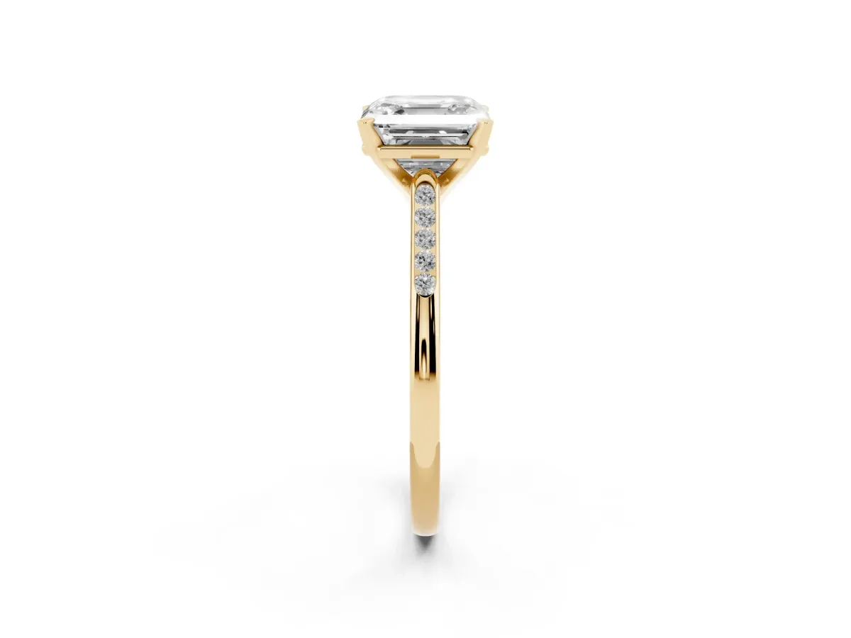 Asscher Cut Diamond Solitaire Ring with Channel Set Round Band and Prong Setting Yellow gold