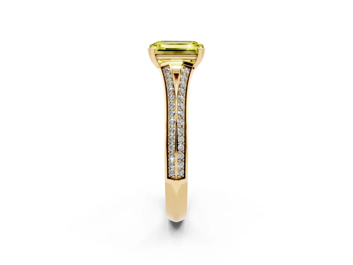Fancy Yellow Emerald Cut Diamond Split Shank Engagement Ring with Pavé Band Yellow gold