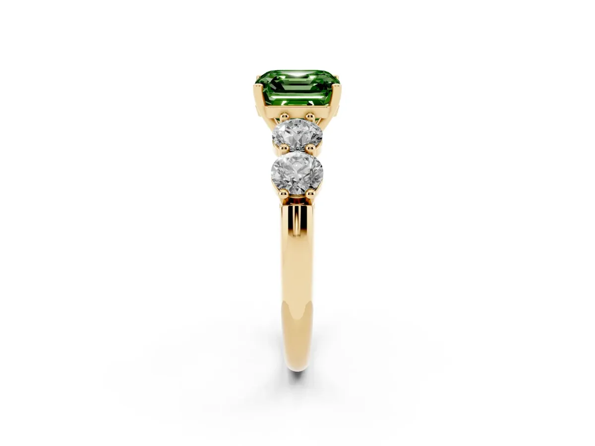 Fancy Green Asscher Cut Cut Five-Stone Prong Set Diamond Ring with Classic Band Yellow gold