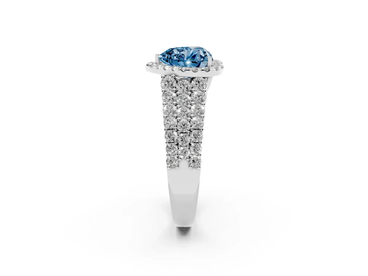 Fancy Blue Heart Cut Diamond Halo Engagement Ring with Triple Row Round Pavé Band and Prong Setting White gold