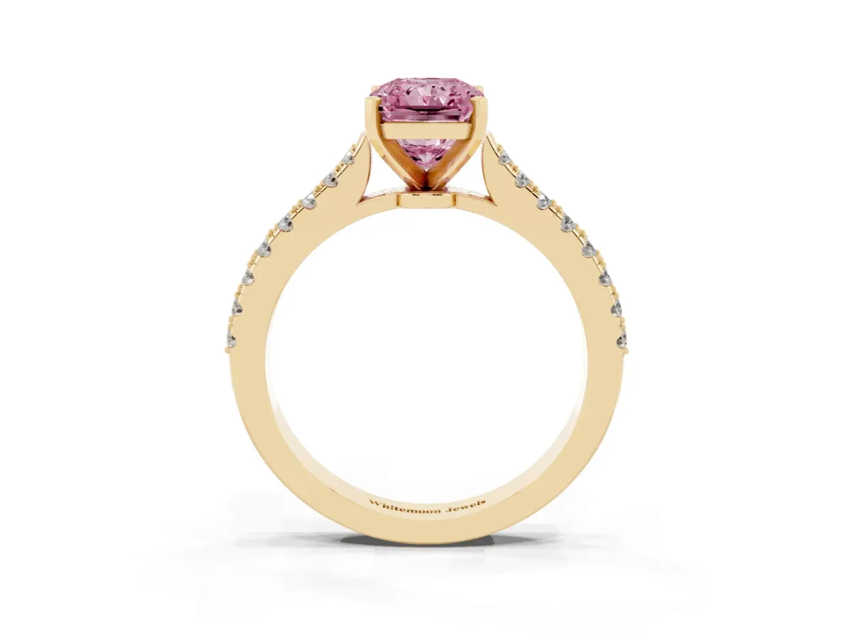 Fancy Pink Radiant Cut Cut Solitaire Diamond Engagement Ring with Pave Band and Four-Prong Setting Yellow gold