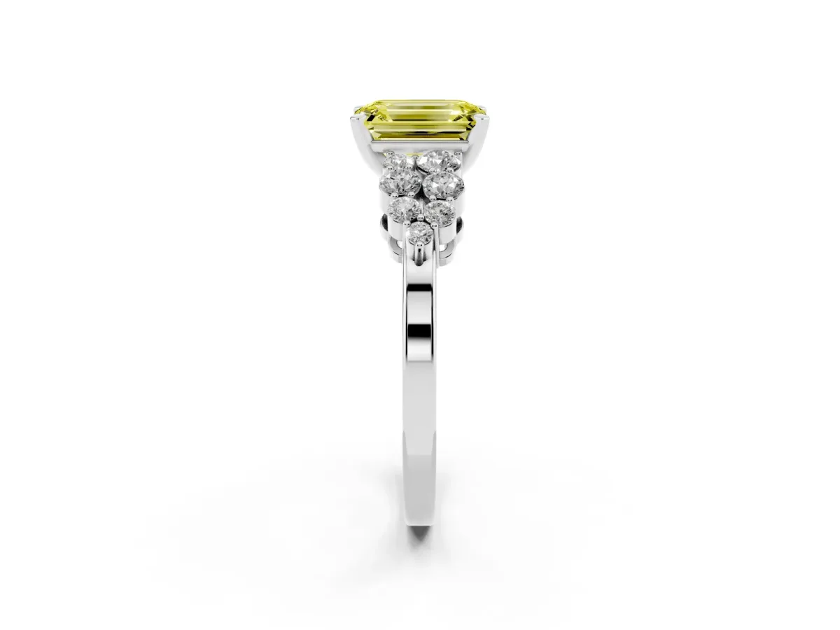 Fancy Yellow Emerald Cut Cluster Diamond Engagement Ring with Pavé Band and Four-Prong Setting Platinum