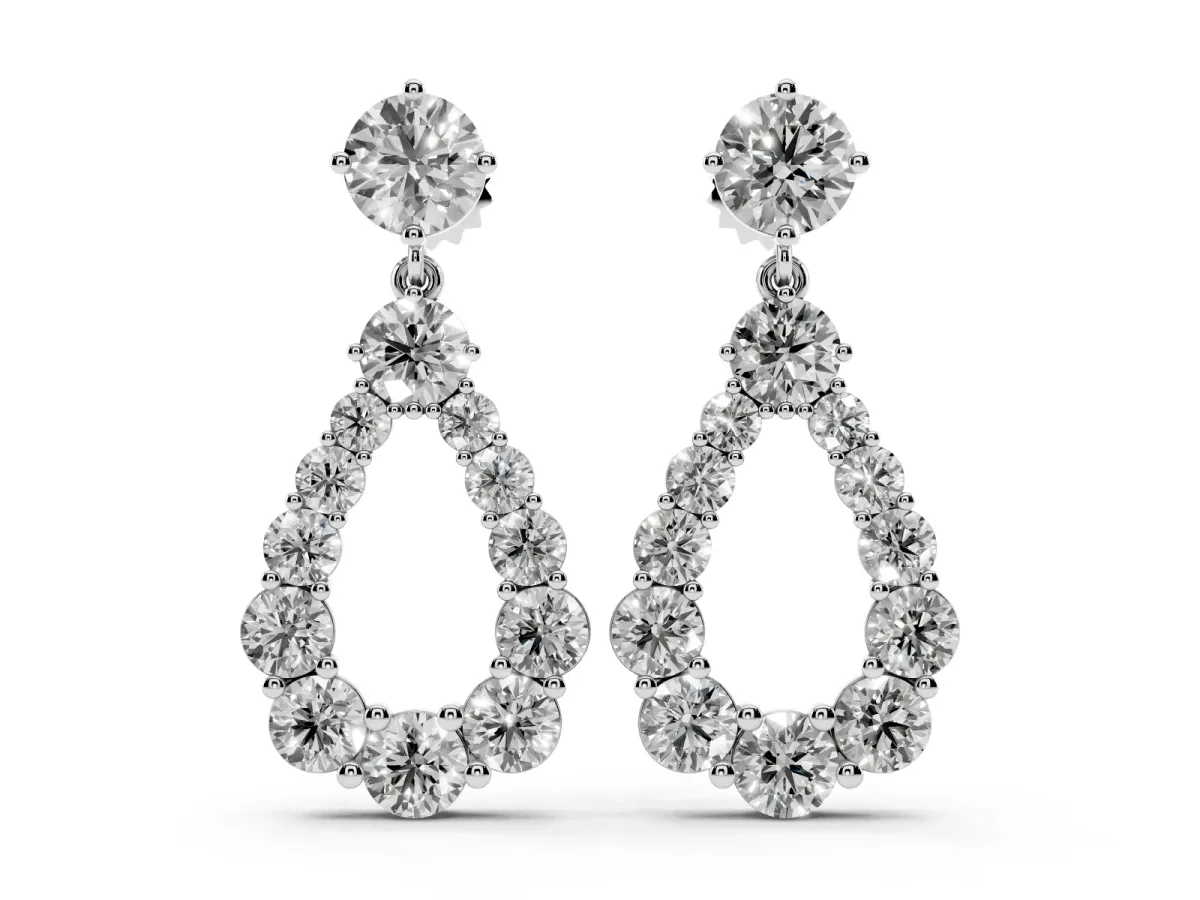 Round Cut Diamond Graduated Shared Prong Drop Earrings Silver