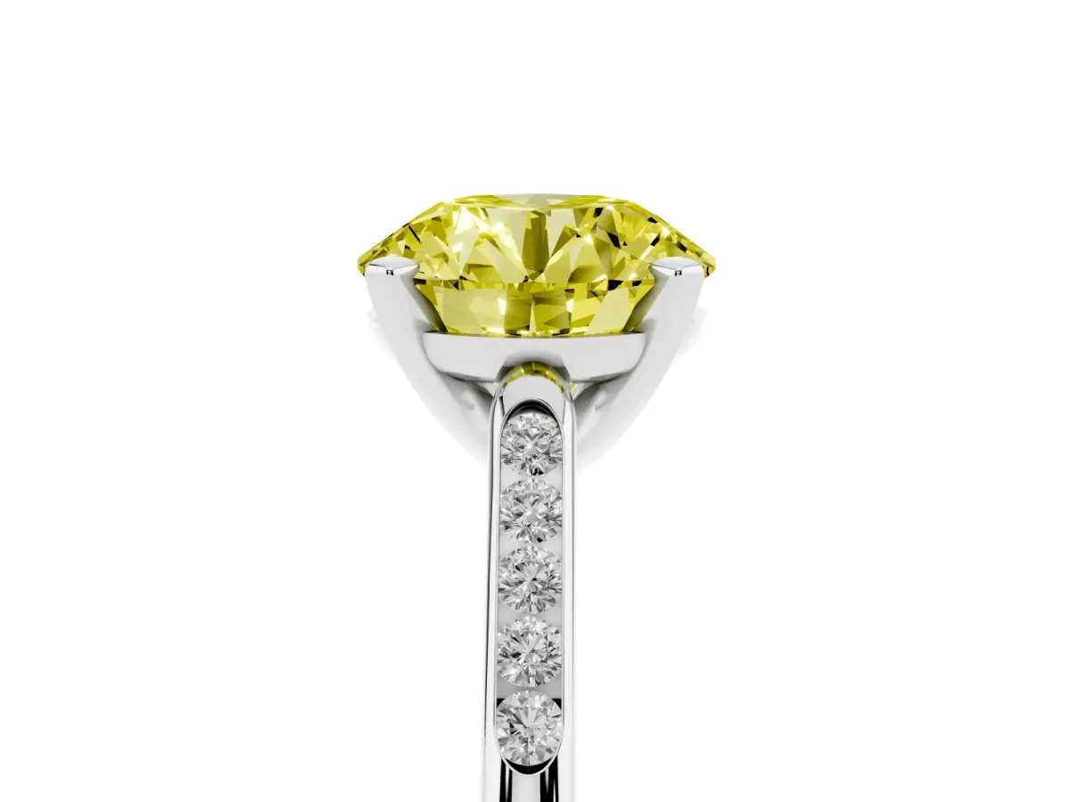 Fancy Yellow Round Cut Diamond Solitaire Ring with Channel Set Round Band and Prong Setting Silver