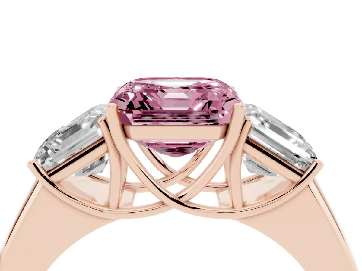 Fancy Pink Three-Stone Asscher Cut Cut Diamond Ring with Prong Setting and Classic Band Rose gold