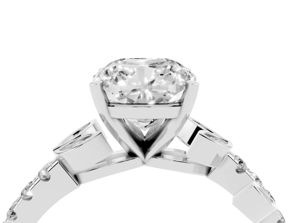 Cushion Cut Solitaire Leaf-Inspired Diamond Ring with Pavé Band and Four-Prong Setting Silver