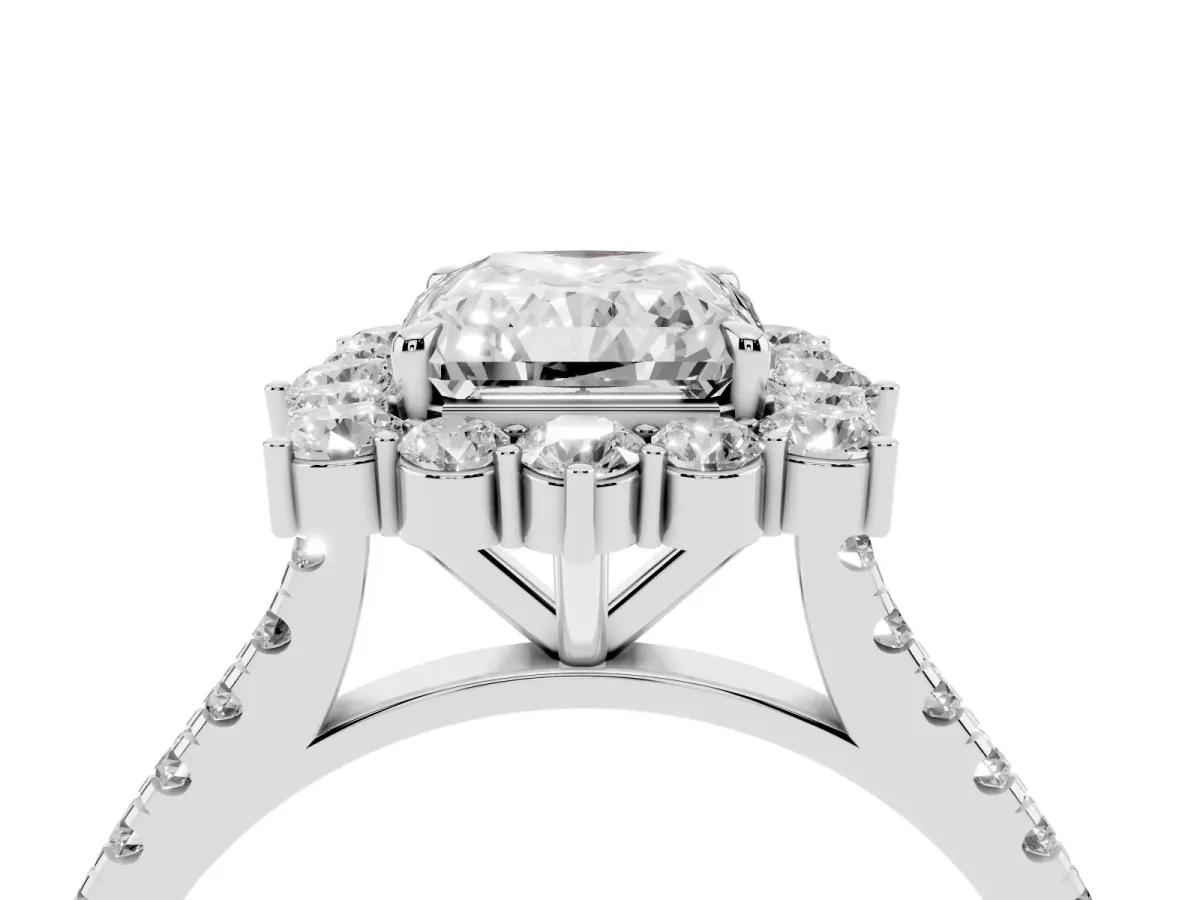 Radiant Cut Halo Diamond Ring with Pavé Band and Prong Setting Platinum
