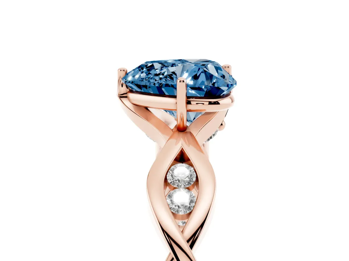 Fancy Blue Heart Cut Solitaire Twist Band with Leaf Prong Setting Rose gold