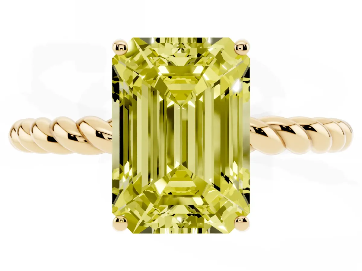 Fancy Yellow Emerald Cut Solitaire Twist Band Ring with Four-Prong Setting Yellow gold
