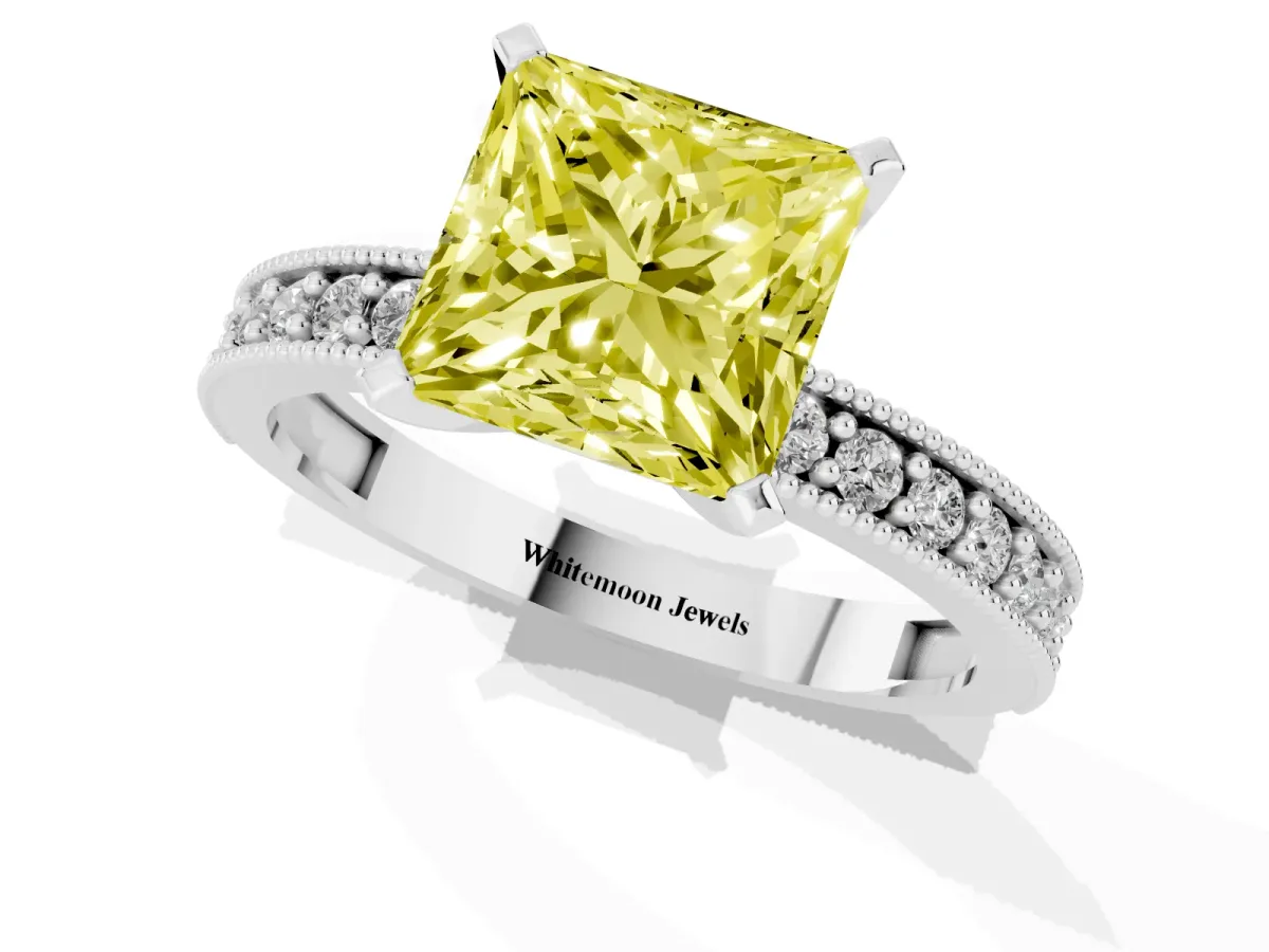 Fancy Yellow Princess Cut Diamond Milgrain Pavé Engagement Ring with Four-Prong Setting Silver