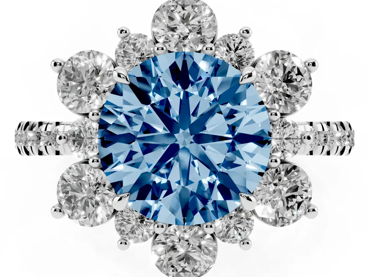 Fancy Blue Round Cut Diamond Floral Halo Ring with Round Pavé Band and Prong Setting Silver