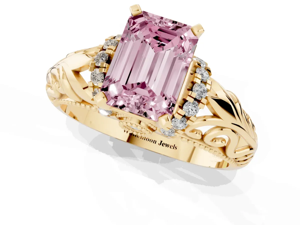 Fancy Pink Emerald Cut Solitaire Filigree Engagement Ring with Halo and Prong Setting Yellow gold