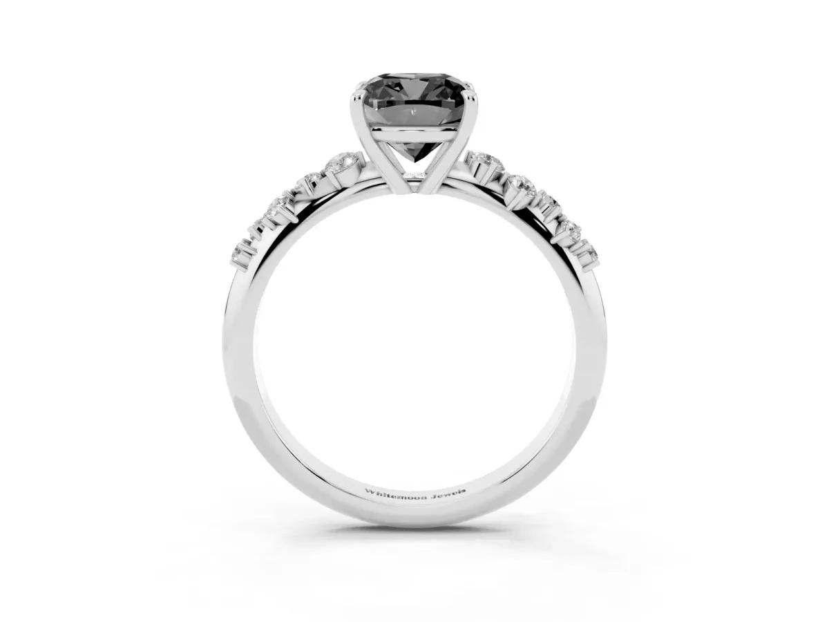 Fancy Black Cushion Cut Diamond Cluster Side Stone Solitaire Ring with Prong Setting Platinum
