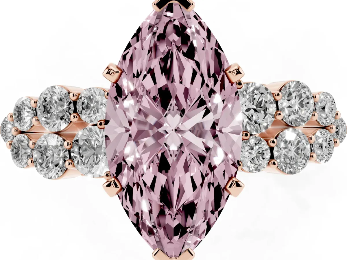 Fancy Pink Marquise Cut Cluster Diamond Engagement Ring with Pavé Band and Four-Prong Setting Rose gold