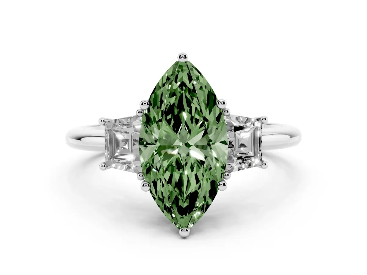 Fancy Green Marquise Cut Diamond Three-Stone Ring with Trapezoid Side Stones and Prong Setting Silver