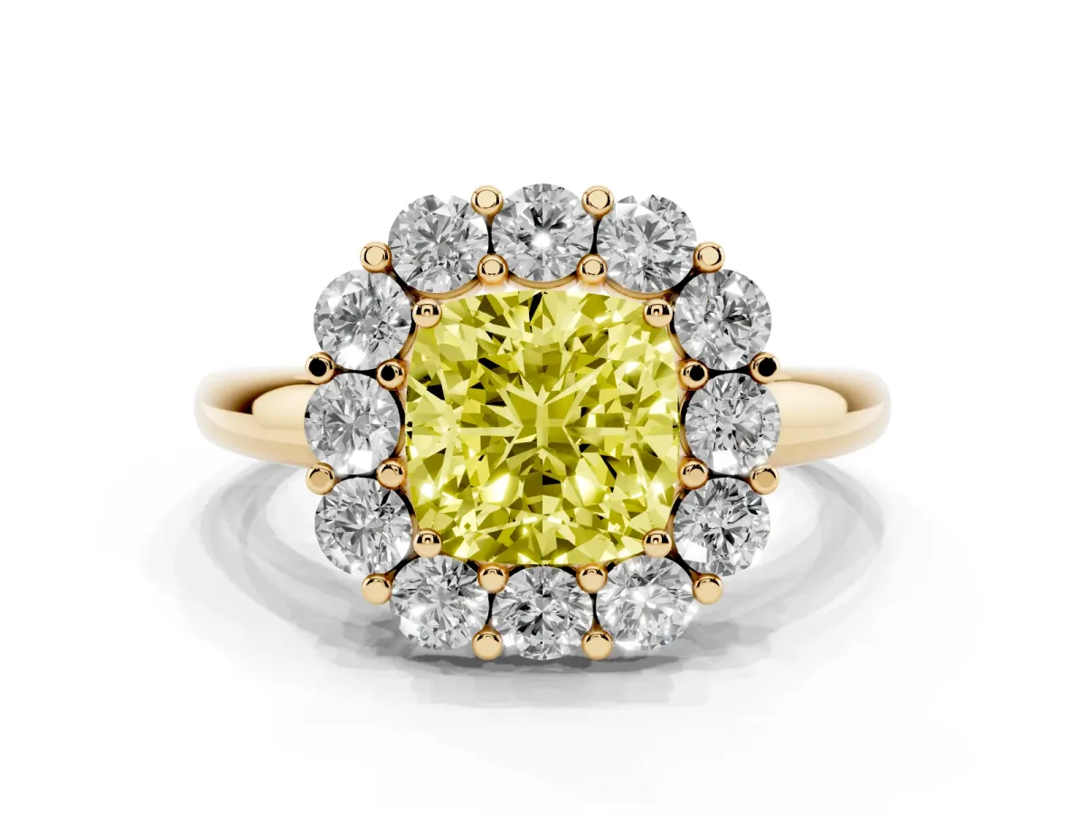 Fancy Yellow Cushion Cut Halo Cluster Diamond Engagement Ring with Prong Setting and Polished Band Yellow gold