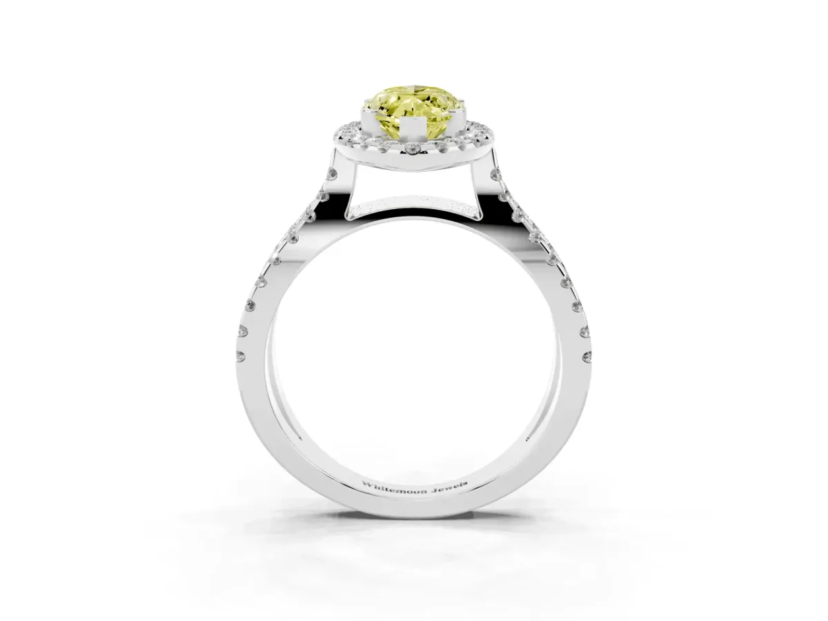 Fancy Yellow Marquise Cut Diamond Halo Ring with Split Shank Pavé Band and Prong Setting White gold