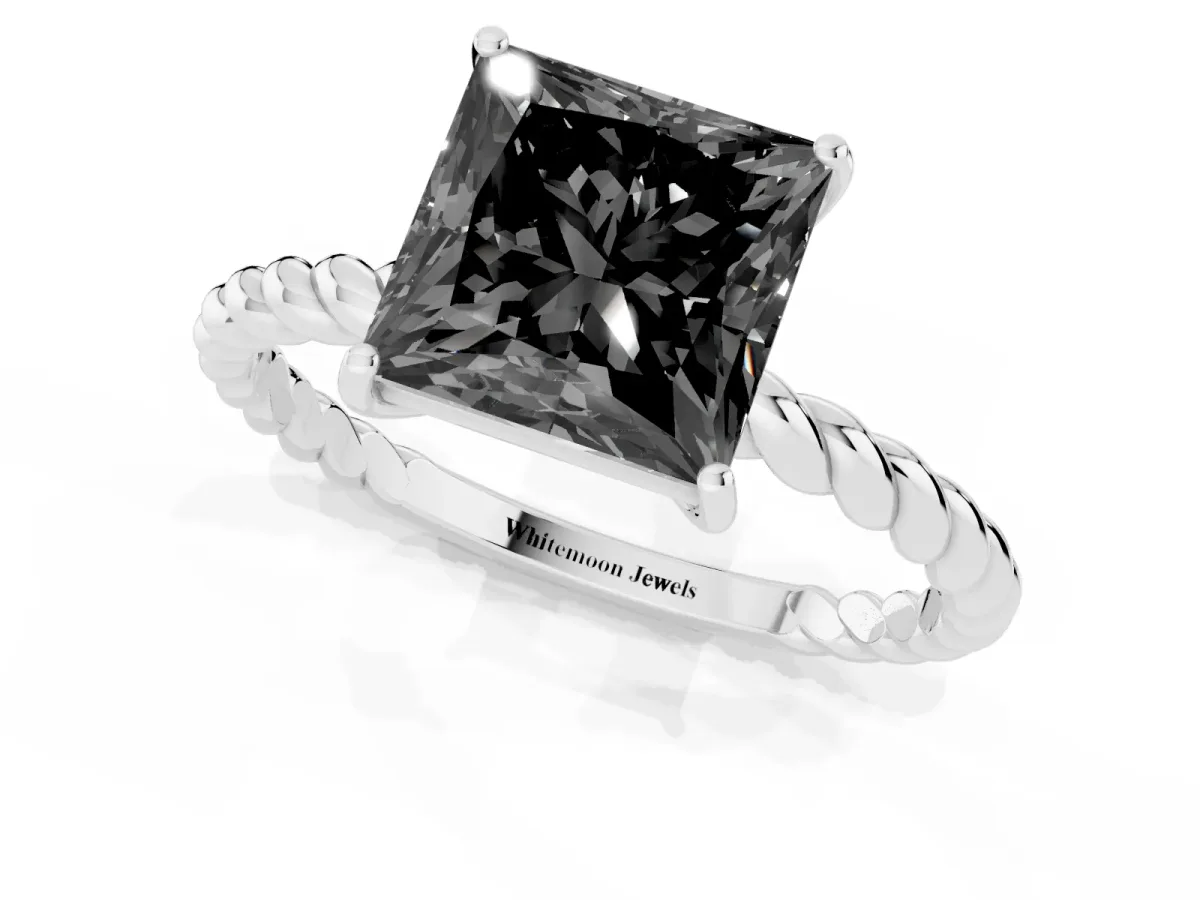 Fancy Black Princess Cut Solitaire Twisted Band 4-Prong Ring Silver