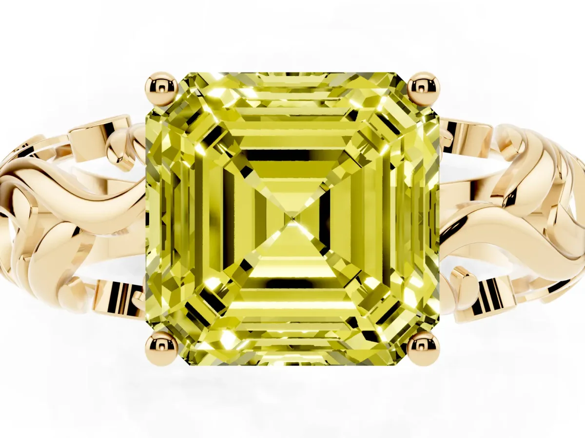 Fancy Yellow Asscher Cut Solitaire Diamond Leaf-Inspired Vine Band Ring with Prong Setting Yellow gold