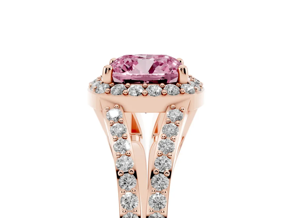 Fancy Pink Cushion Cut Halo Split Shank Diamond Ring with Prong Setting Rose gold