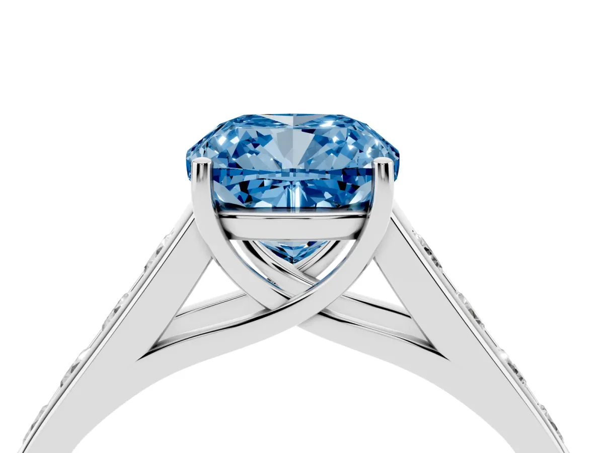 Fancy Blue Cushion Cut Brilliant Channel-Set Solitaire Ring with Four-Prong Setting Silver