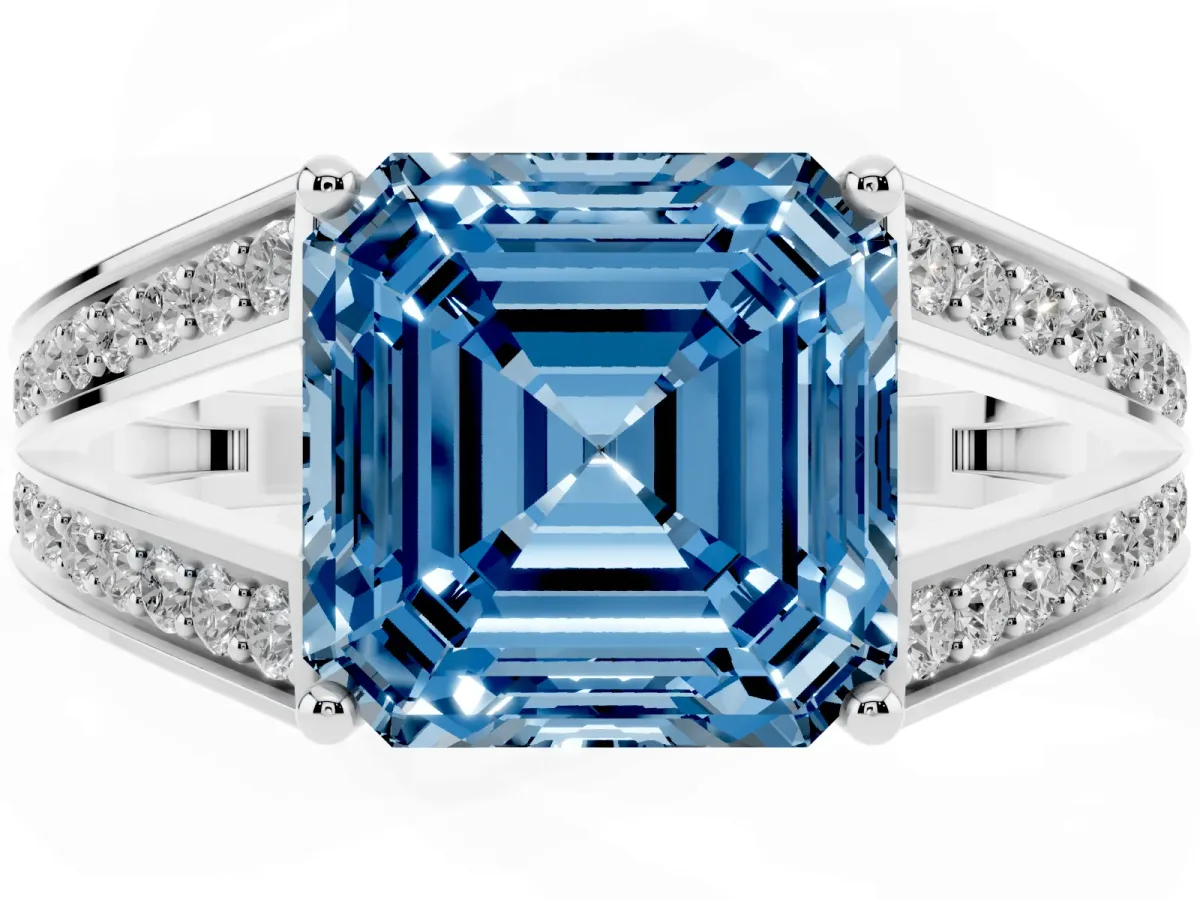Fancy Blue Asscher Cut Diamond Split Shank Ring with Pavé Band and Four-Prong Setting White gold