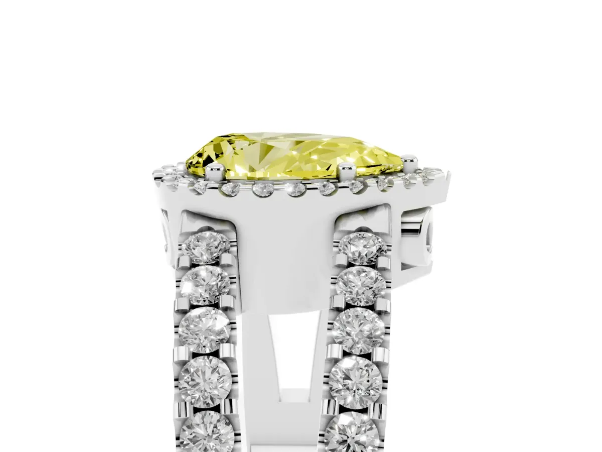 Fancy Yellow Pear Cut Cut Halo Split Shank Diamond Ring with Four-Prong Setting Platinum