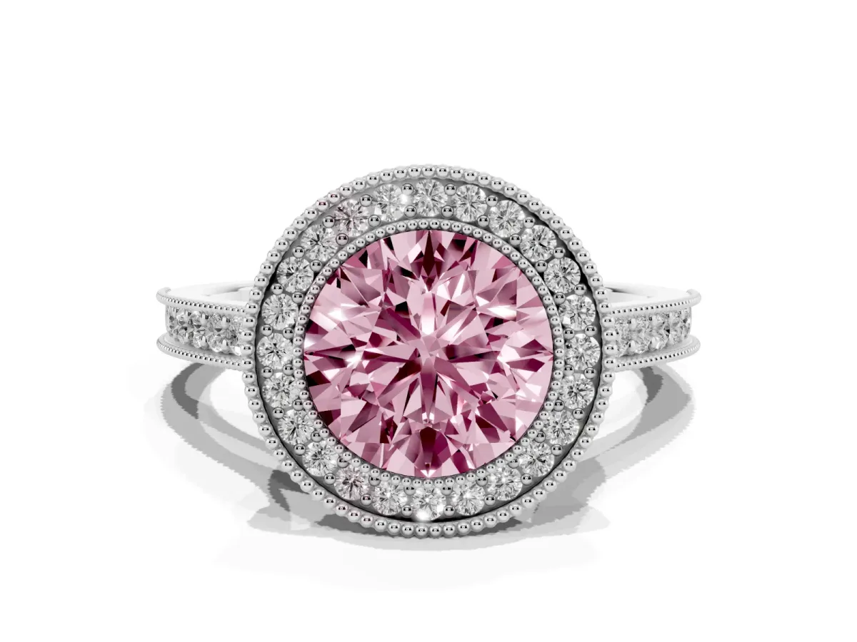 Fancy Pink Halo Round Cut-Cut Diamond Pave Band Milgrain Prong Setting Ring Platinum