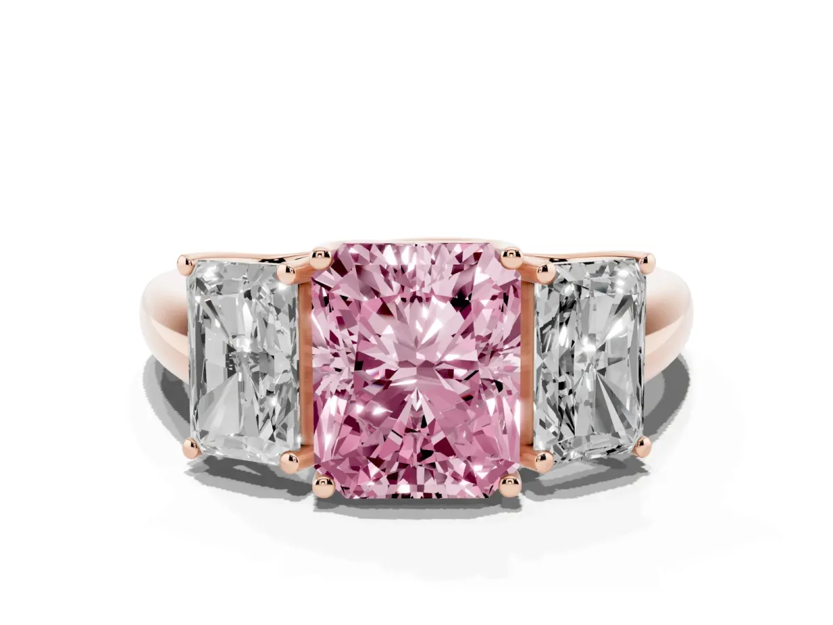 Fancy Pink Three-Stone Radiant Cut Diamond Engagement Ring with Prong Setting Rose gold