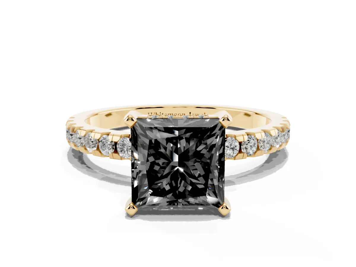 Fancy Black Princess Cut Diamond Solitaire Ring with Round Pavé Band and Four-Prong Setting Yellow gold