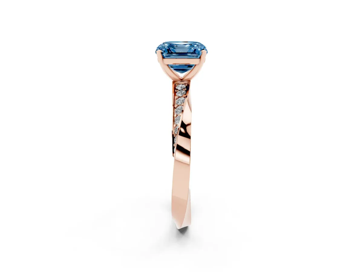 Fancy Blue Asscher Cut Diamond Engagement Ring with Side Stone Accents and Four-Prong Setting Rose gold