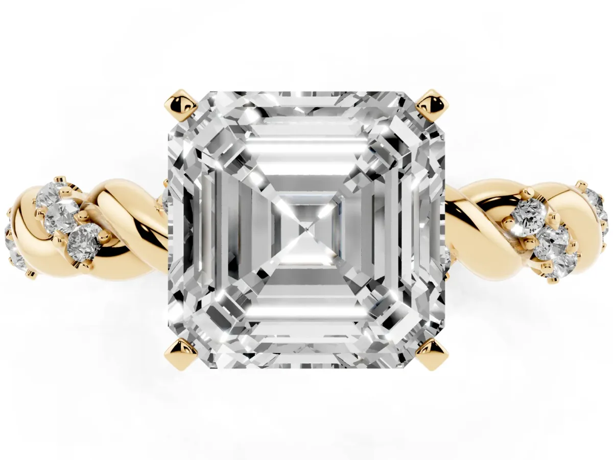 Asscher Cut Diamond Solitaire Ring with Twisted Band and Pavé Accents Yellow gold
