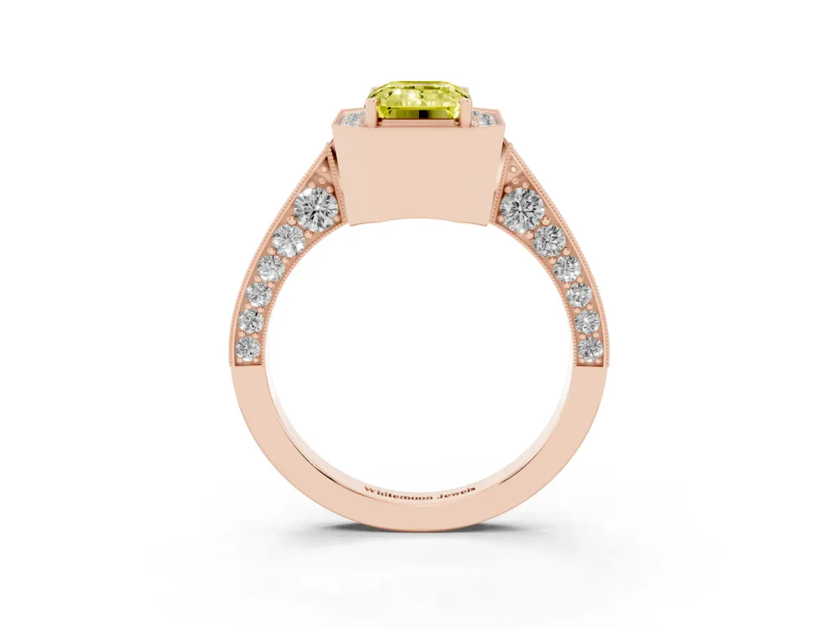 Fancy Yellow Emerald Cut Halo Diamond Engagement Ring with Split Shank Band and Four-Prong Setting Rose gold