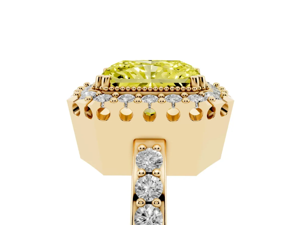 Fancy Yellow Radiant Cut Diamond Halo Ring with Pavé Band and Prong Setting Yellow gold