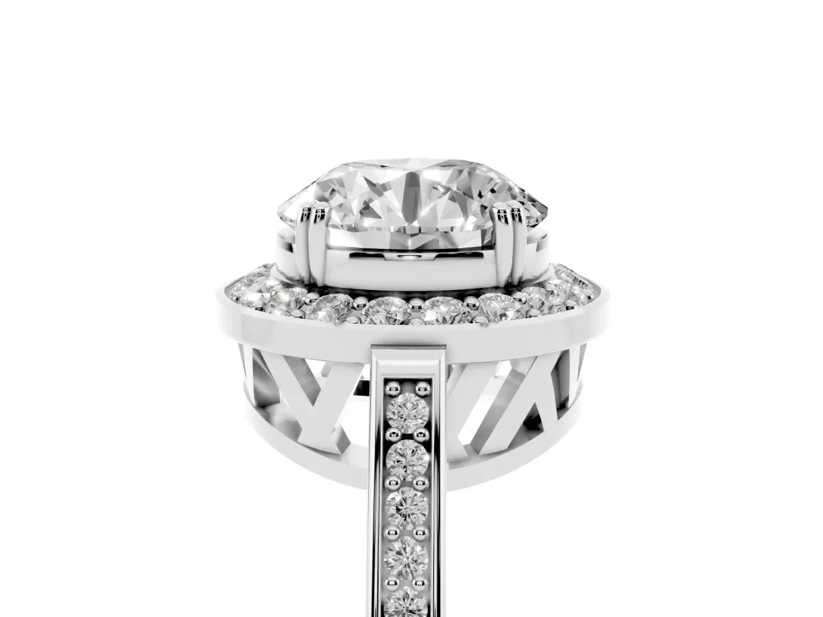 Round Cut Diamond Halo Ring with Split Shank and Four-Prong Setting Silver