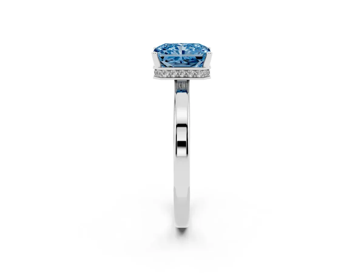 Fancy Blue Radiant Cut Cut Solitaire Engagement Ring with Four-Prong Setting on a Classic Band White gold