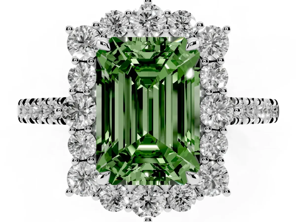 Fancy Green Emerald Cut Halo Diamond Ring with Pavé Band and Prong Setting Silver