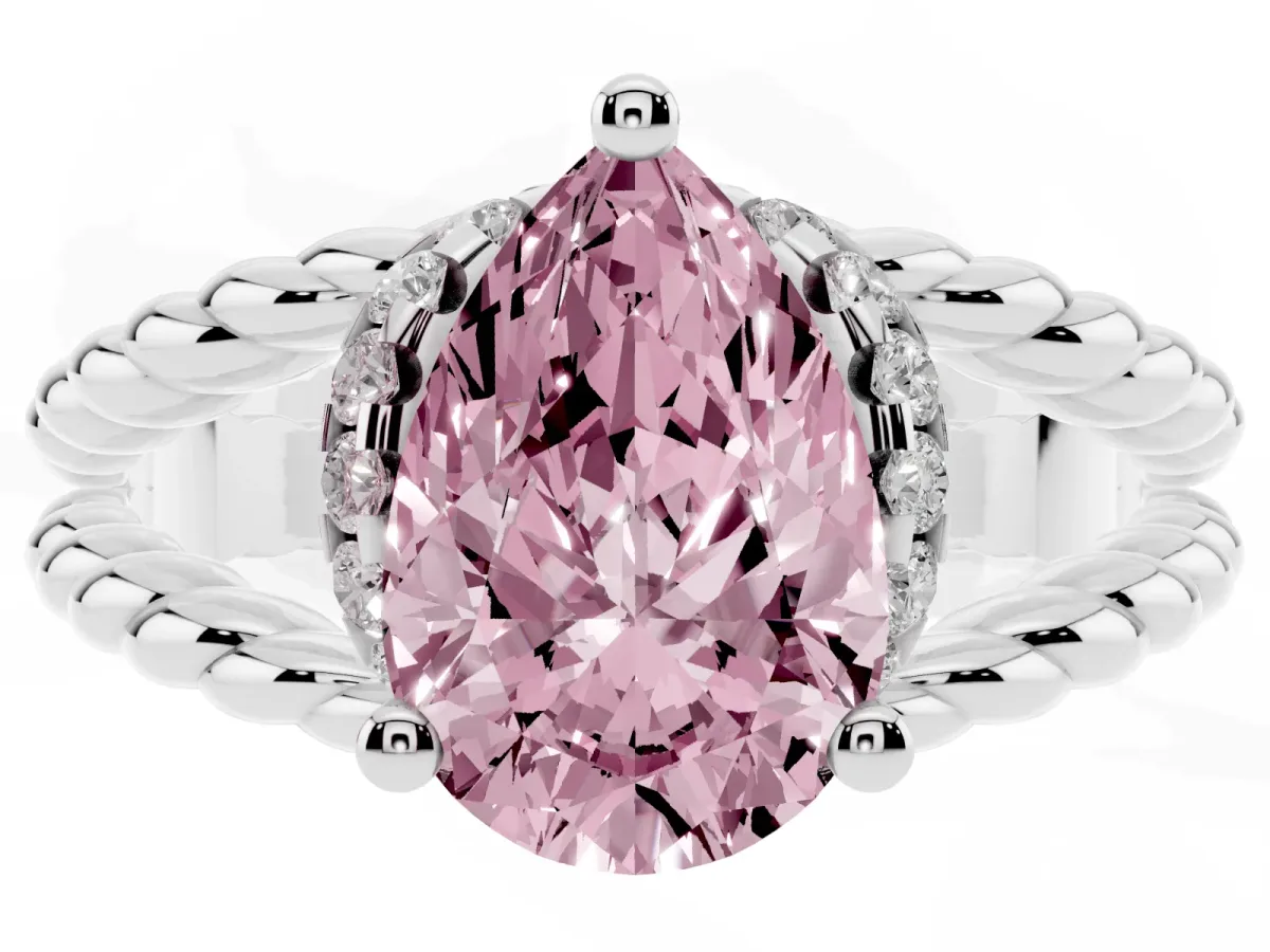 Fancy Pink Pear Cut Halo Twisted Band Four-Prong Ring Silver