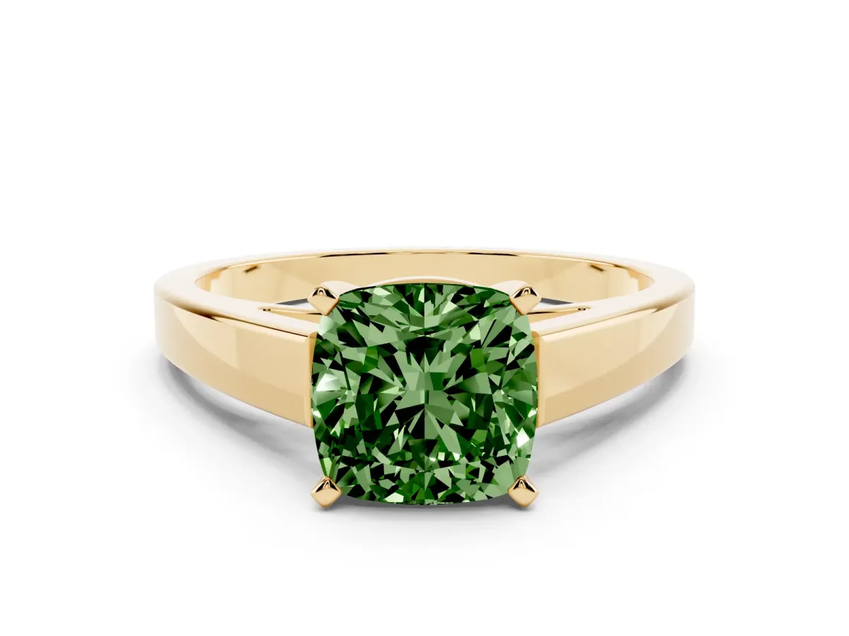 Fancy Green Cushion Cut Solitaire Engagement Ring with Four-Prong Setting and Tapered Band Yellow gold