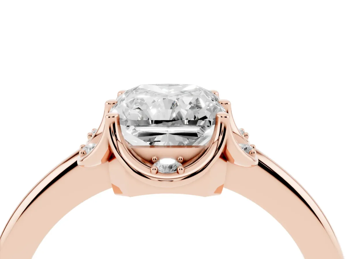 Radiant Cut Halo Diamond Ring with Round Cluster Setting, Solitaire Band, and Four-Prong Setting Rose gold