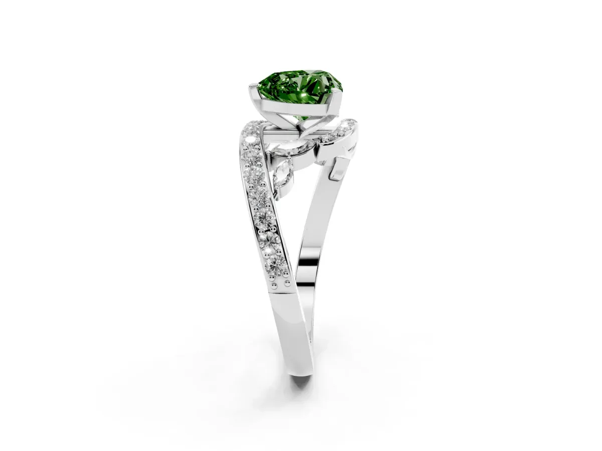 Fancy Green Heart Cut Solitaire with Pavé Twist Band and Four-Prong Setting Platinum
